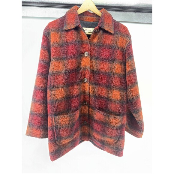 Eddie Bauer Long Sleeve Orange Red Blue Plaid Fleece Shacket Lined Button Up M - Picture 7 of 9